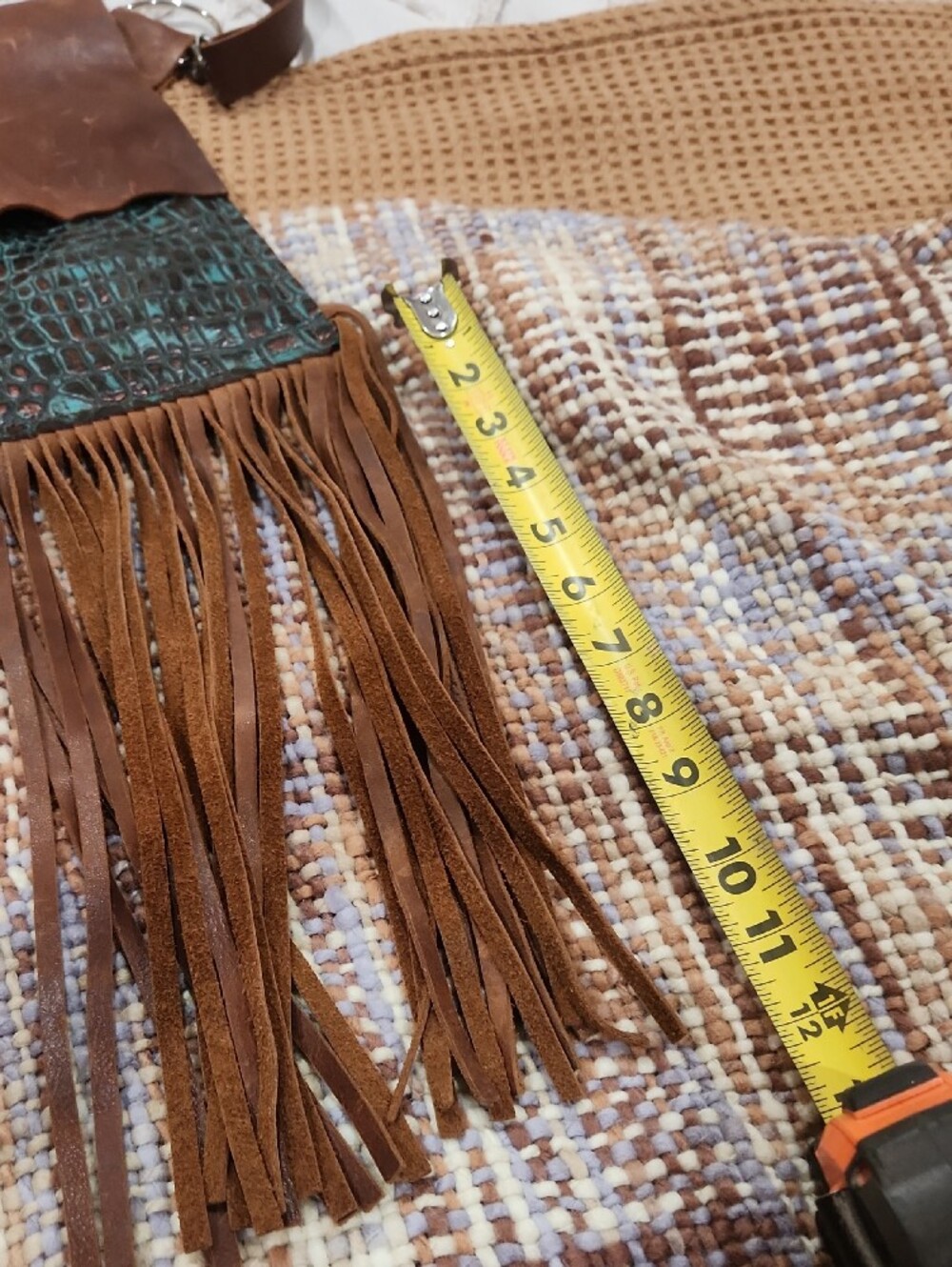 Brown Leather Fringe Crossbody Bag with Teal Croc Accent - Picture 10 of 11